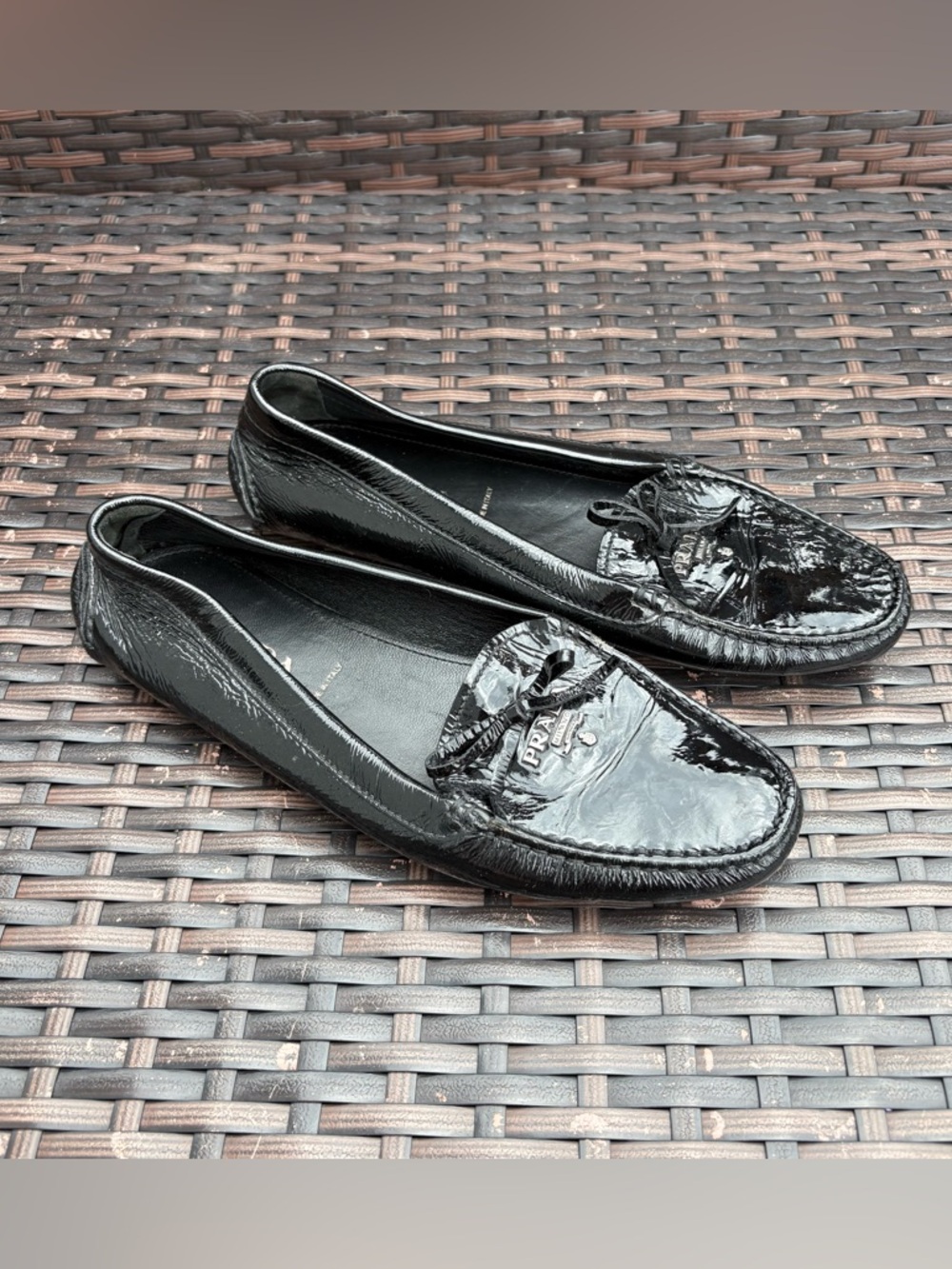 PRADA Black Patent Leather Bow Slip On Loafers | Size 37.5